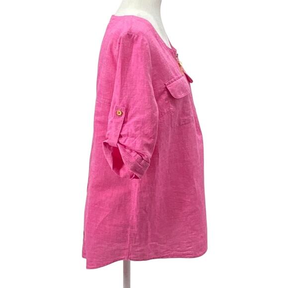 Ellen Tracy Pink Linen Cotton Top S Gold Zip Tassel 3/4 Sleeve Pockets Slit Back - Picture 4 of 16